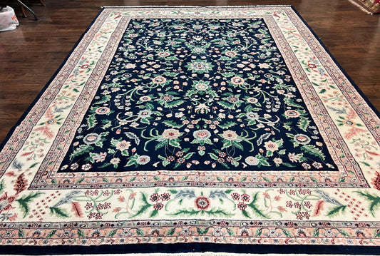 Indo Persian Rug 9x12, Wool Hand Knotted Vintage Carpet, Navy Blue & Ivory, Floral Allover Oriental Rug, 9 x 12 Room Sized Traditional Rug - Nuvé
