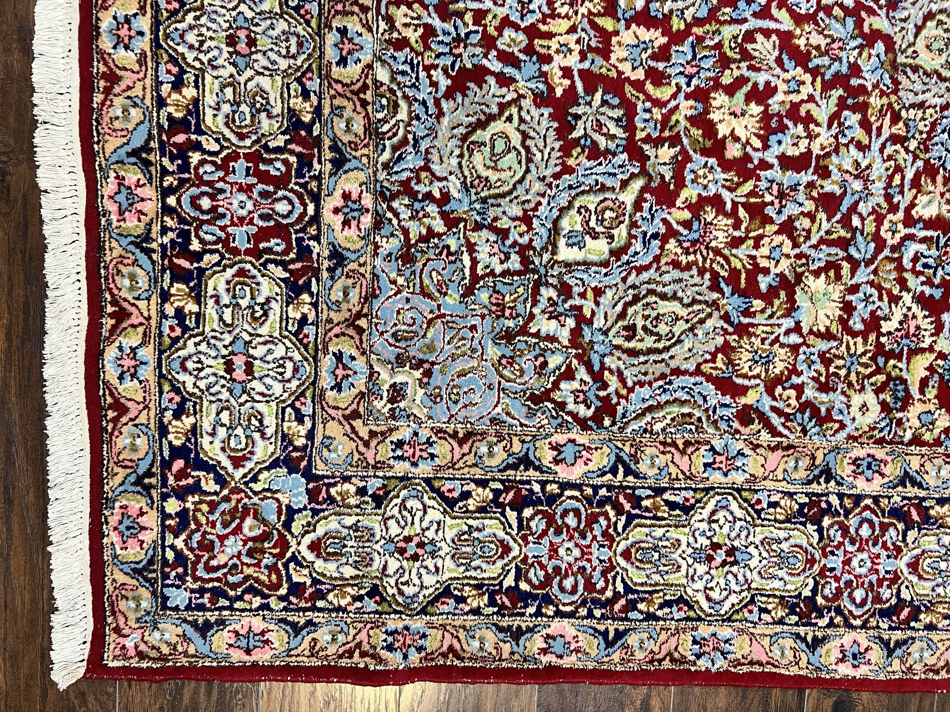 Persian Rug 7x10, Kirman Oriental Carpet 7 x 10 ft, Hand Knotted Wool Floral Medallion Semi Antique Persian Rug, Dark Red Light Blue Vintage - Nuvé