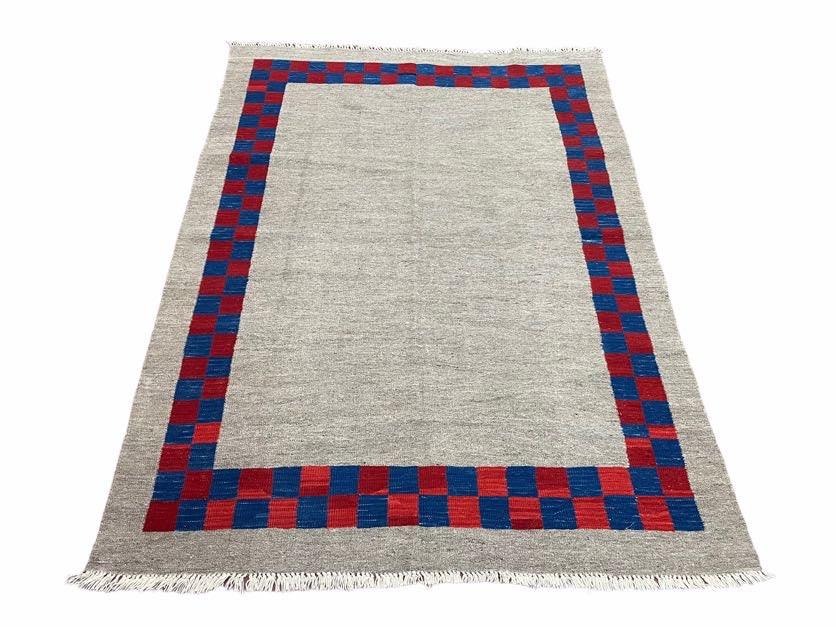 5' 7" x 7' 9" Geometric Kilim Carpet, Gray, Handmade, Hand-Knotted Area Rug, Blue & Red, Flatweave, Wool, New, Checkerboard Pattern - Nuvé
