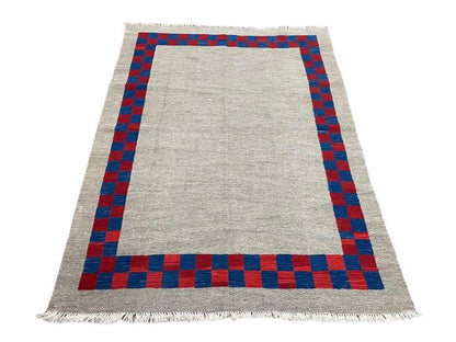 5' 7" x 7' 9" Geometric Kilim Carpet, Gray, Handmade, Hand-Knotted Area Rug, Blue & Red, Flatweave, Wool, New, Checkerboard Pattern - Nuvé