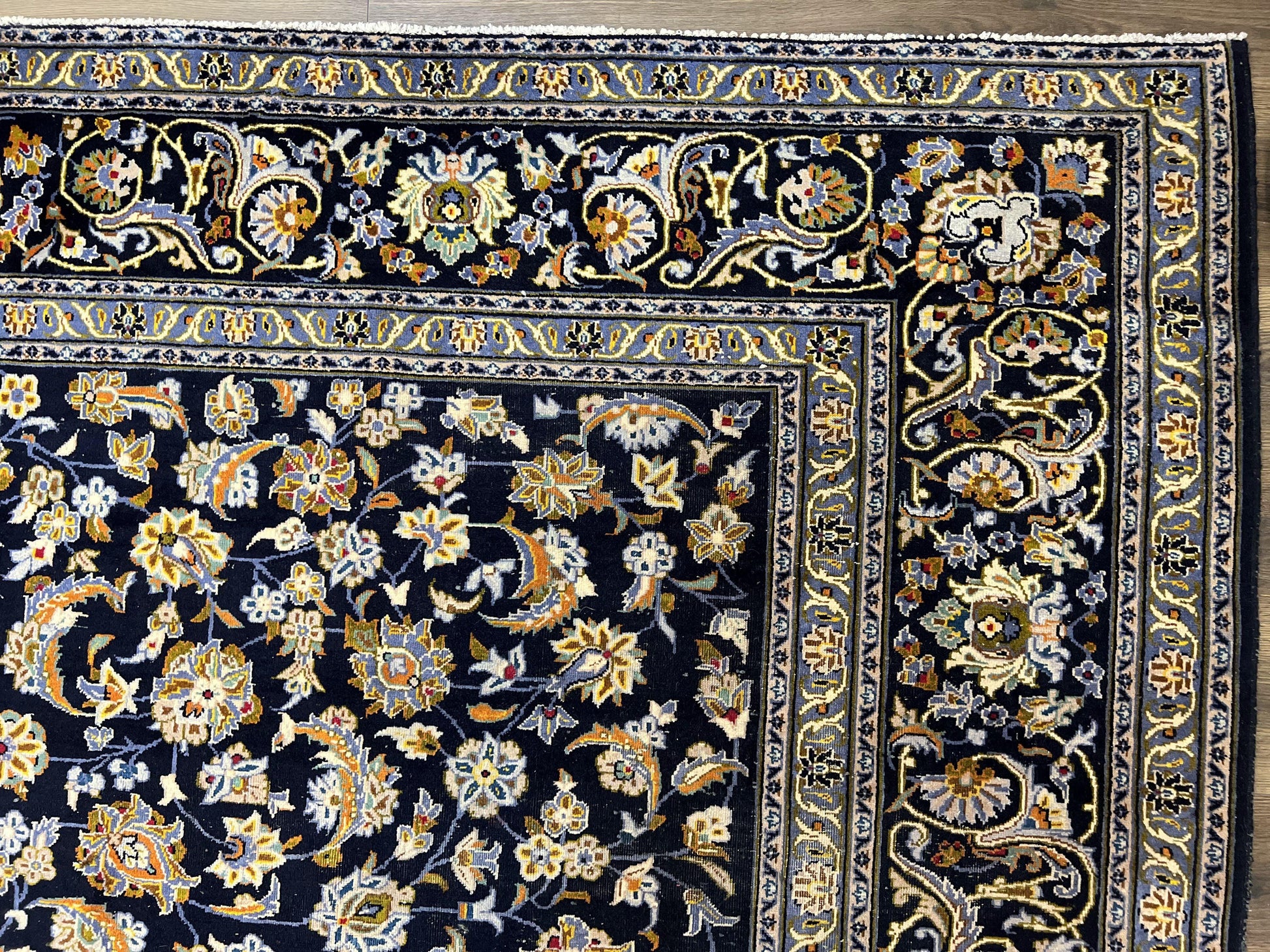 Wonderful Navy Blue Persian Kashan Rug 11x13, Allover Floral Design with Central Medallion, Wool Hand-Knotted Antique Carpet, Signed Rabani Rug - Nuvé