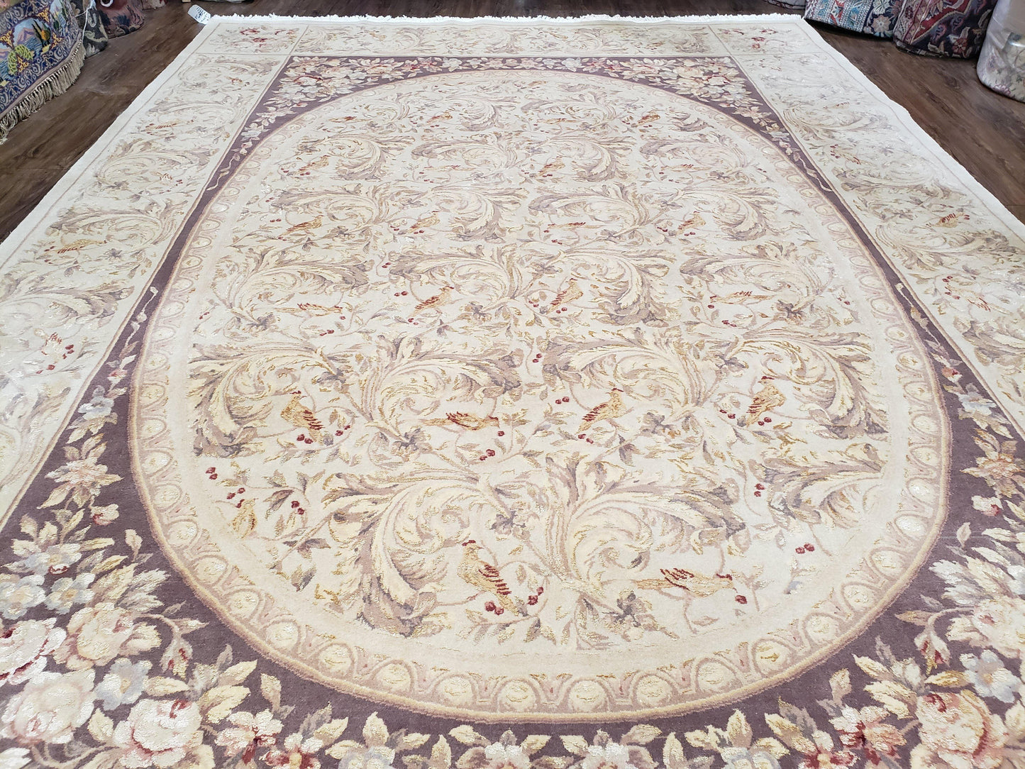 Chinese Aubusson Savonnerie Area Rug 8x12, Vintage 120 Line Carpet, Wool and Silk Hand-Knotted, Birds Flowers Master Weaver Signature - Nuvé