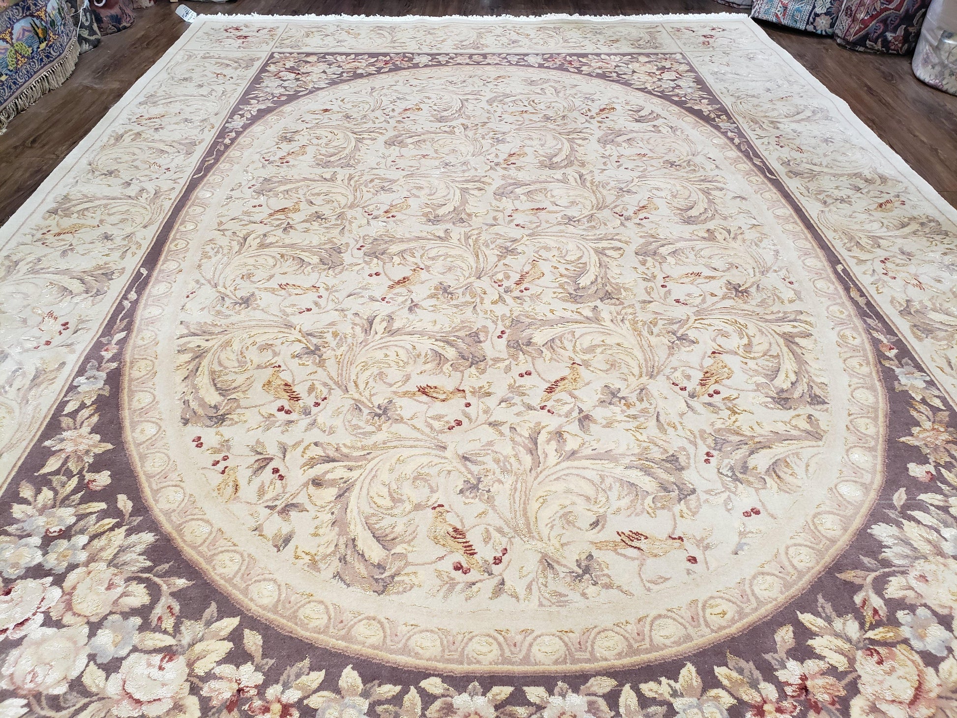 Chinese Aubusson Savonnerie Area Rug 8x12, Vintage 120 Line Carpet, Wool and Silk Hand-Knotted, Birds Flowers Master Weaver Signature - Nuvé