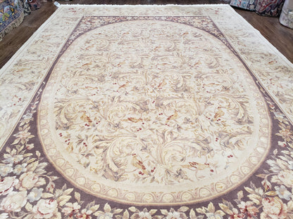 Chinese Aubusson Savonnerie Area Rug 8x12, Vintage 120 Line Carpet, Wool and Silk Hand-Knotted, Birds Flowers Master Weaver Signature - Nuvé
