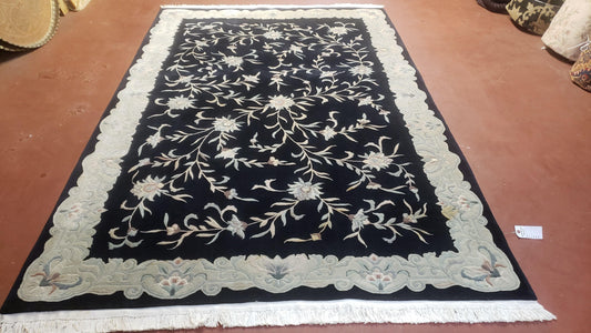 6x9 Vintage Black Gray Chinese Rug 120 Lines Wool Carpet Floral Design Hand-Knotted Soft Pile Entryway Rug Foyer Rug Nice - Nuvé