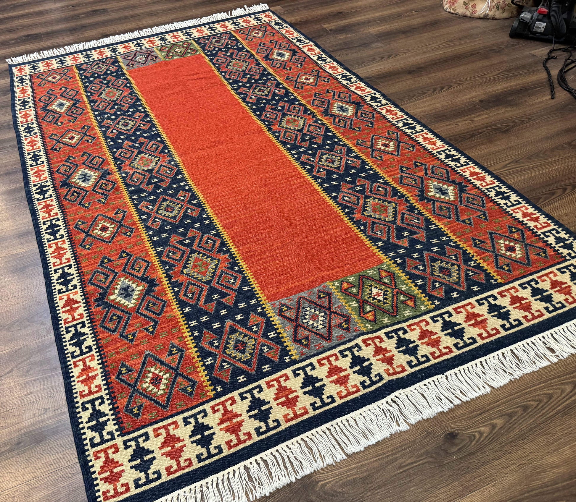 Turkish Kilim Rug 5x8, Flatweave Carpet, Handmade Bohemian Rug, Terracotta and Navy Blue - Nuvé