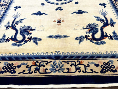 Chinese Dragon Peking Rug 8 x 11.6, Ivory and Blue, Chinese Wool Rug, Vintage - Nuvé
