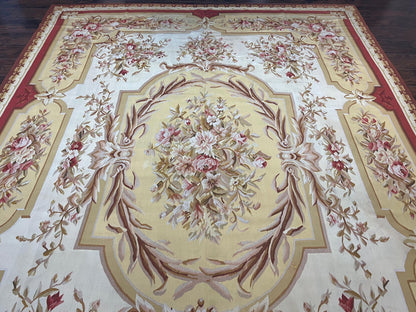 Aubusson Rug 9x12, Elegant Flatweave Savonnerie Carpet 9 x 12 ft, Ivory Light Yellow Red, Handmade Wool Flatweave French European Rug - Nuvé