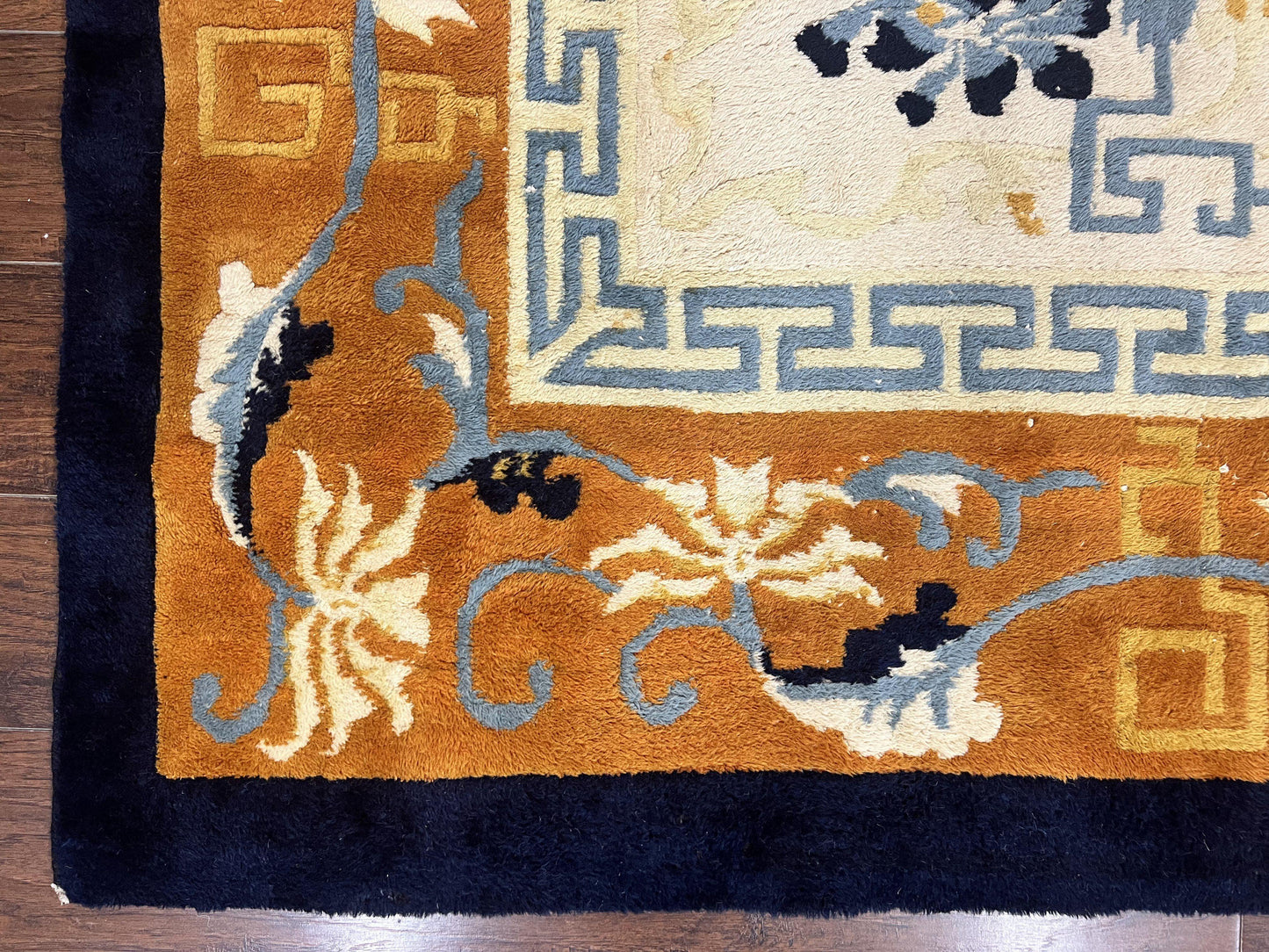 Indo Chinese Rug 9x12, Asian Oriental Carpet 9 x 12, Cream & Burnt Orange, Handmade Wool Vintage Art Deco Rug - Nuvé
