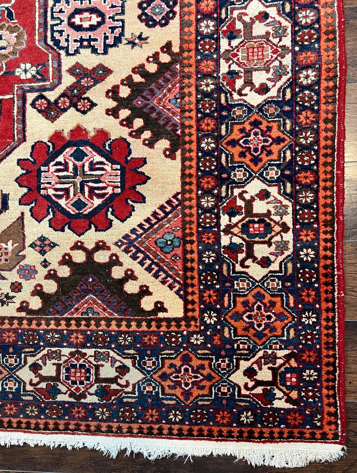 Antique Persian Heriz Rug 8x12 ft, Geometric Tribal Room Sized Carpet, Camel Hair Red Navy Blue, Wool Hand Knotted Medallion Oriental Carpet - Nuvé