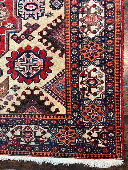 Antique Persian Heriz Rug 8x12 ft, Geometric Tribal Room Sized Carpet, Camel Hair Red Navy Blue, Wool Hand Knotted Medallion Oriental Carpet - Nuvé