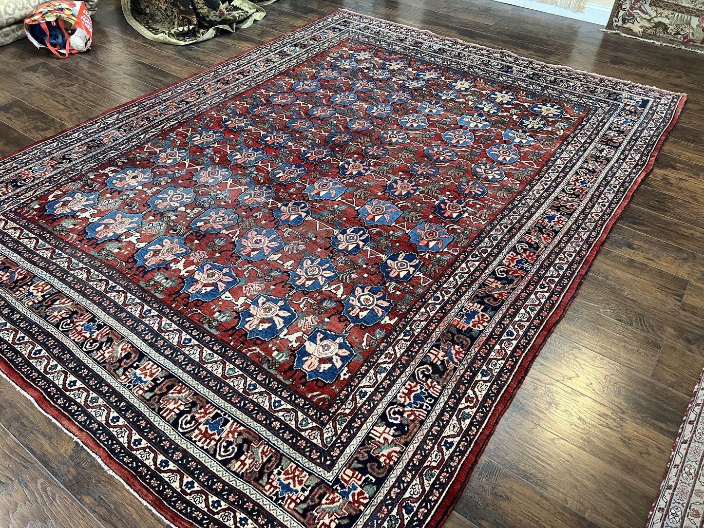 Antique Persian Bijar Rug 9x12 - Allover Motif, Red & Blue - Nuvé