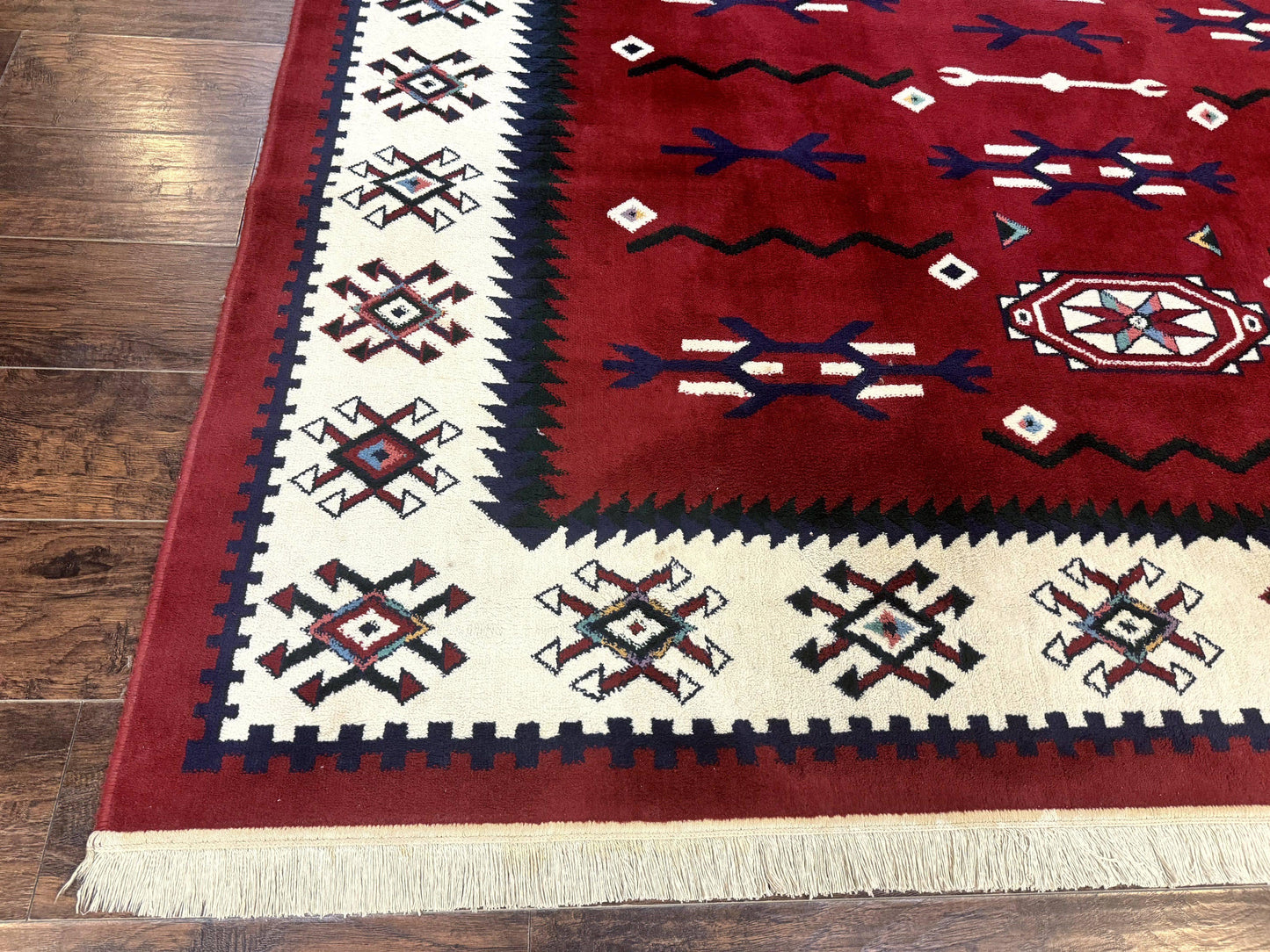 Belgium Power Loomed Rug 8x11, Navajo Native American Design, Dark Red and Ivory, Tribal Rug, Bohemian Carpet - Nuvé