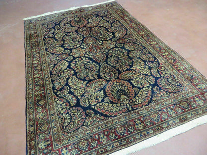 Antique Persian Sarouk Rug 4x6, Hand Knotted 1920s Oriental Carpet 4 x 6 ft, Navy Blue and Red Wool Rug, Handmade Floral Allover Persian Area Rug - Nuvé