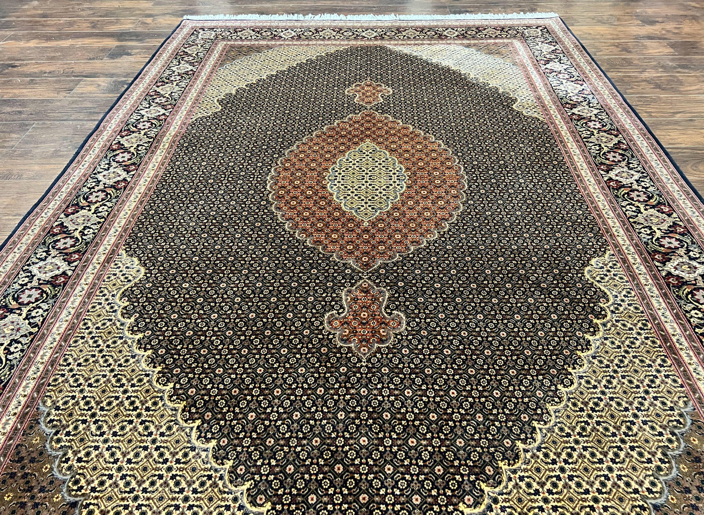 Persian Tabriz Rug 7x10, Very Fine 330 KPSI 50 Raj, Black and Beige, Handmade Wool Vintage Persian Carpet - Nuvé