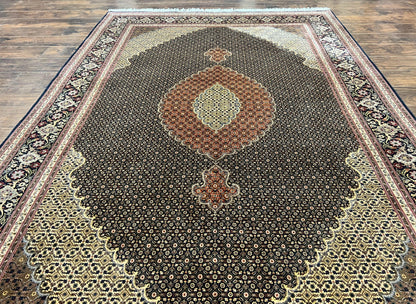 Persian Tabriz Rug 7x10, Very Fine 330 KPSI 50 Raj, Black and Beige, Handmade Wool Vintage Persian Carpet - Nuvé