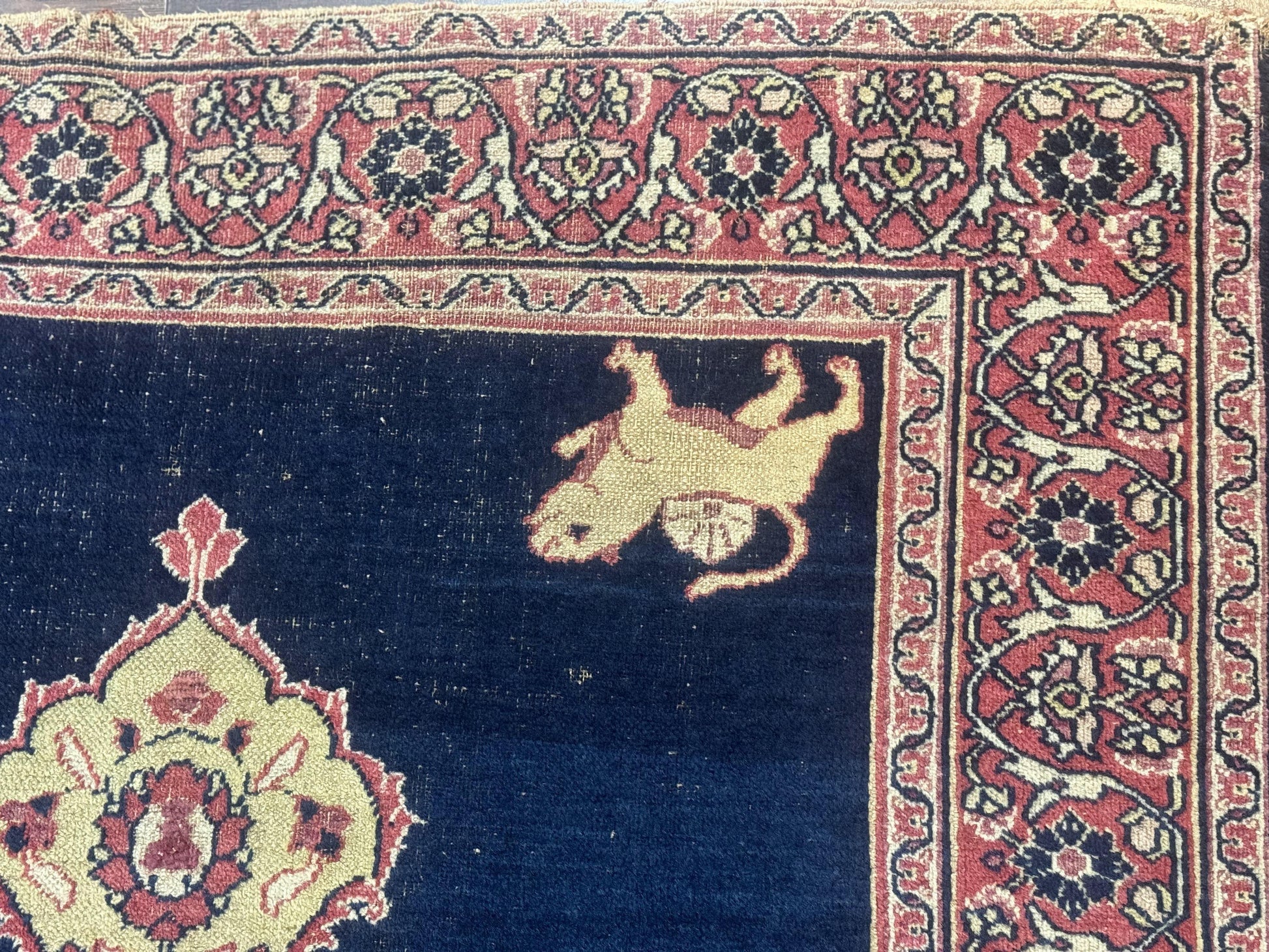 Antique Persian Mashad Rug 4x6, Semi Open Field, Navy Blue, Lion Pictorials, Triple Medallion, Dorokhsh Rug - Nuvé