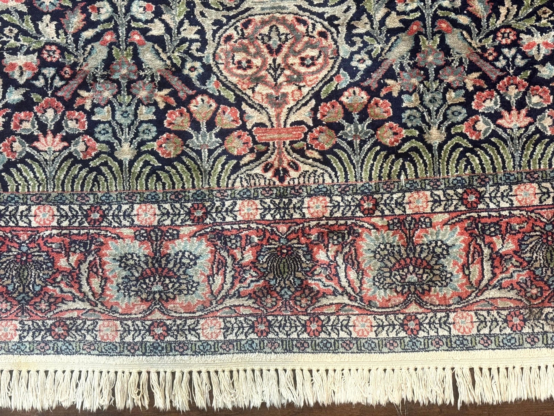 Silk Indian Kashmiri Rug 4x6, Tree of Life Pattern, Birds, Fine 290 KPSI, Navy Blue and Red, Handmade Oriental Carpet - Nuvé
