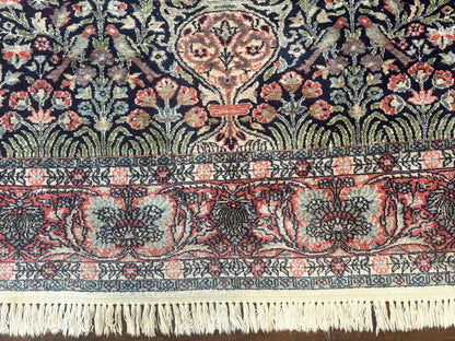 Silk Indian Kashmiri Rug 4x6, Tree of Life Pattern, Birds, Fine 290 KPSI, Navy Blue and Red, Handmade Oriental Carpet - Nuvé