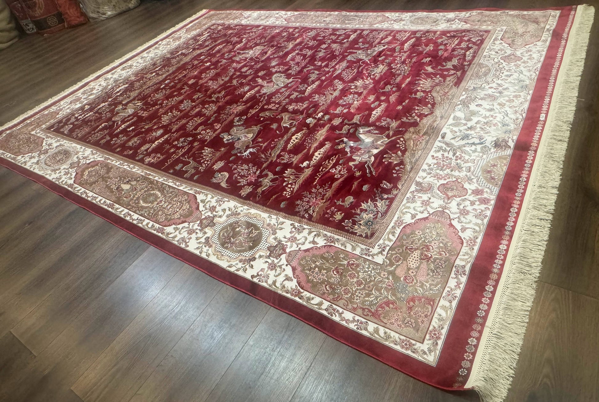 Turkish Silk Rug 8x10, Red & Ivory, Hunting Design, Bamboo Silk, New - Nuvé