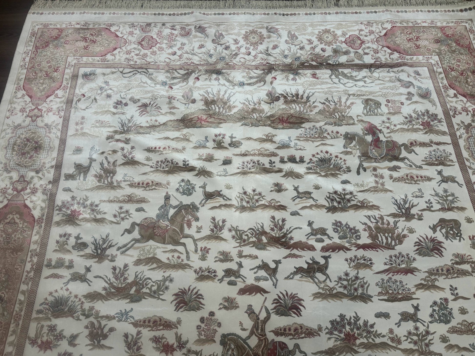 Large Turkish Silk Rug 8x10, Ivory, Hunting Design, Bamboo Silk, New - Nuvé
