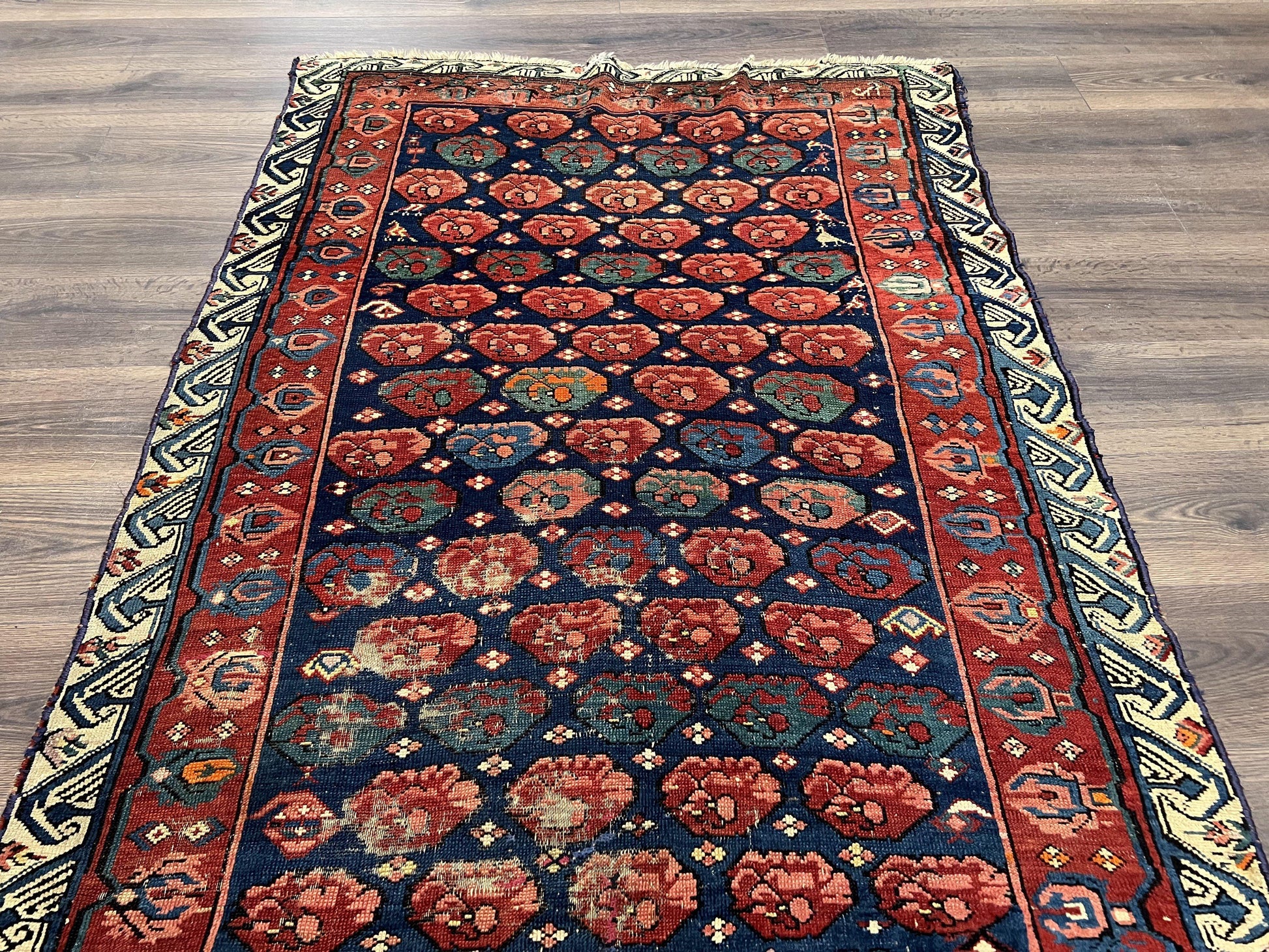 Antique Seychour Rug 4x7, Collectible Kuba Caucasian Carpet, Wool Handmade, Red Navy Blue Cream, Repeated Allover Motif, Early 20th Century - Nuvé