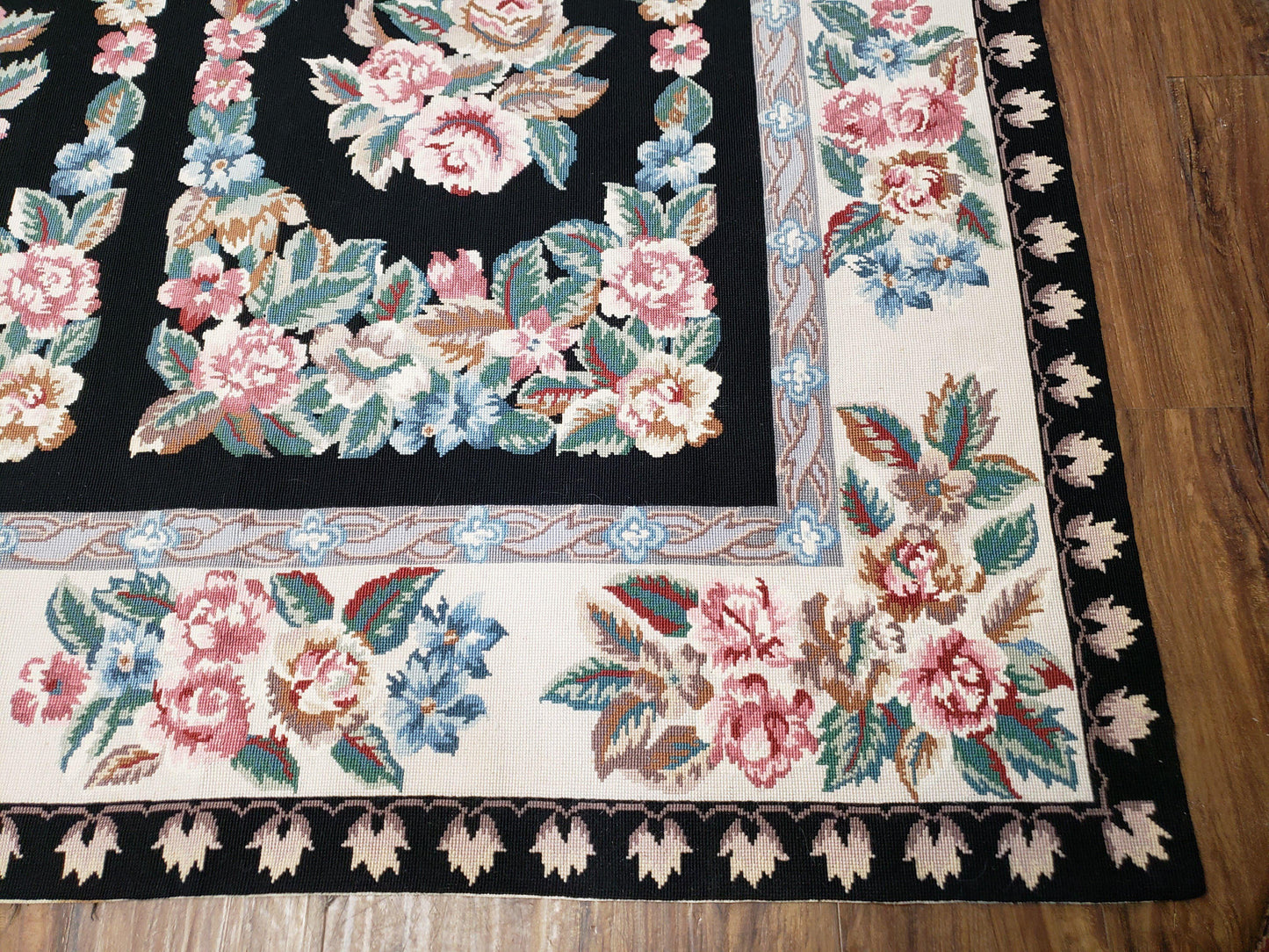 Floral Needlepoint Rug 9.5 x 13.6, Floral Panel Design, Black and Ivory Flatweave Aubusson Carpet, Multicolor - Nuvé