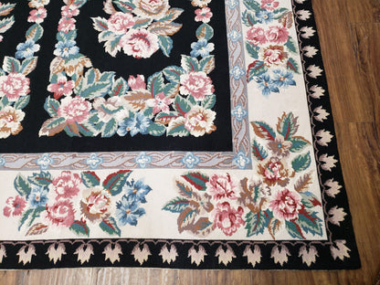 Floral Needlepoint Rug 9.5 x 13.6, Floral Panel Design, Black and Ivory Flatweave Aubusson Carpet, Multicolor - Nuvé