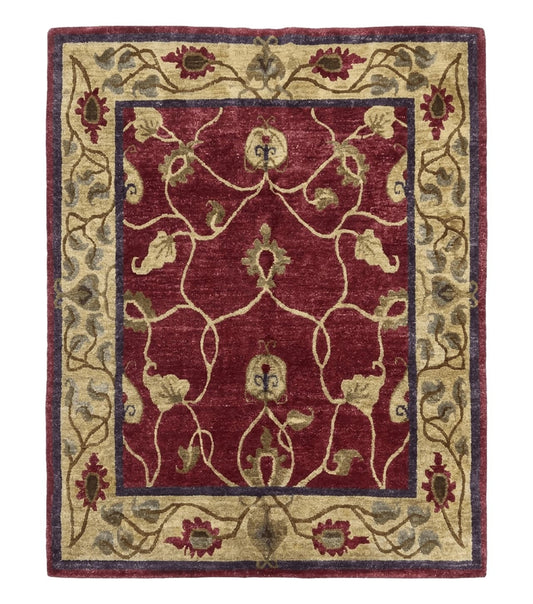 Tibetan Aubusson Rug 8x10, Maroon and Beige, Floral, Handmade, Wool, Vintage, Traditional Rug
