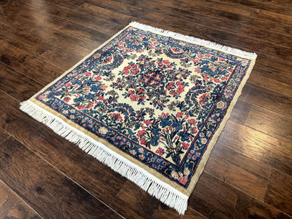 Square Persian Kerman Rug 4x4, Ivory Blue Pink, Handmade, Fine 225 KPSI - Nuvé