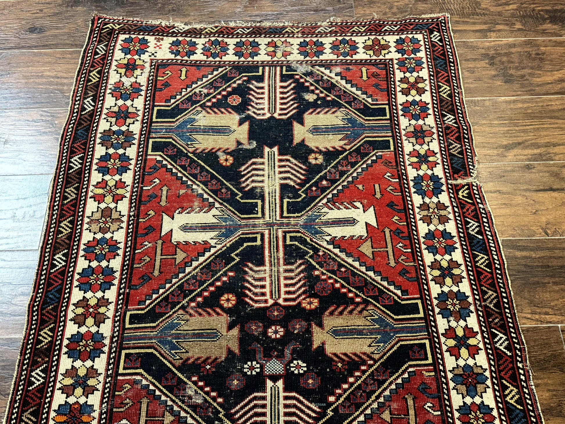 Antique Shirvan Caucasian Rug 3x5, Geometric Pattern, Red Navy Blue Beige - Nuvé