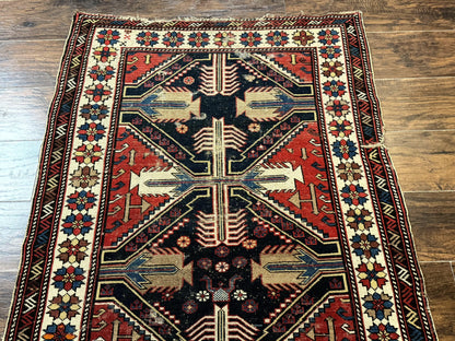 Antique Shirvan Caucasian Rug 3x5, Geometric Pattern, Red Navy Blue Beige - Nuvé
