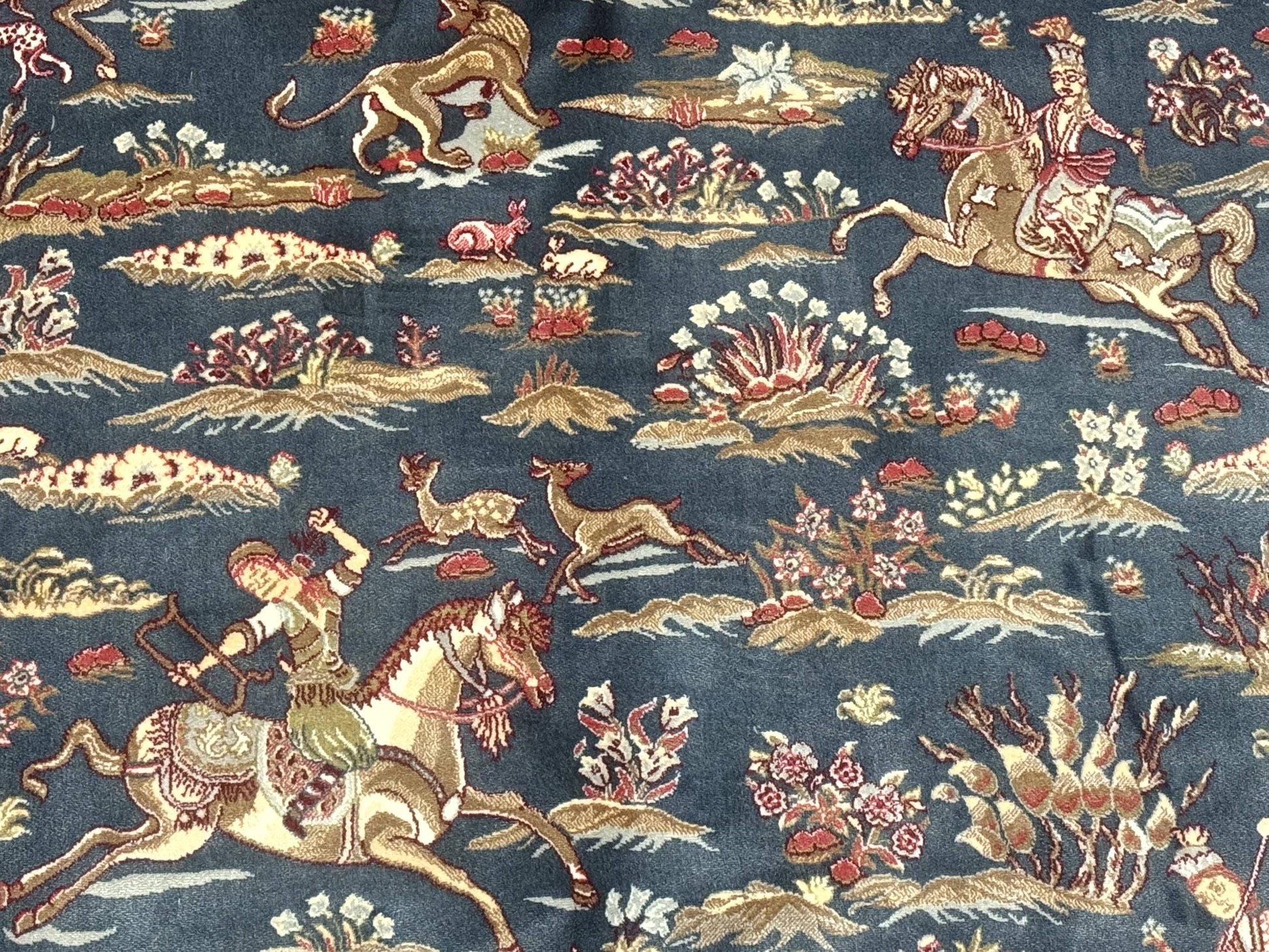 Turkish Silk Rug 5x8, Hunting Design, Animal Pictorials, Steel Blue & Ivory, Bamboo Silk - Nuvé