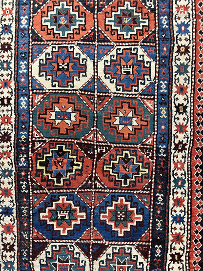 Antique Caucasian Kazak Runner Rug 4 x 9.5, Handmade Wool Rug for Hallway, Rare Colorful Panel Design Mid 19th Century 1870s Oriental Carpet - Nuvé