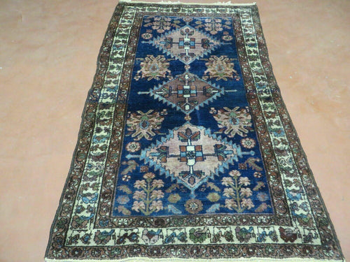 Blue Vintage Persian Hamadan Rug, Wool, Hand-Knotted, 4x6 ft - Nuvé