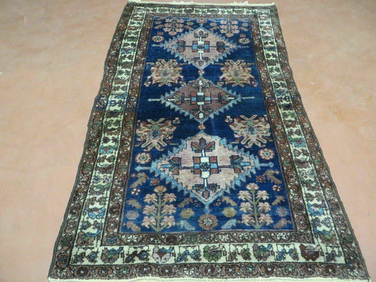 Blue Vintage Persian Hamadan Rug, Wool, Hand-Knotted, 4x6 ft - Nuvé