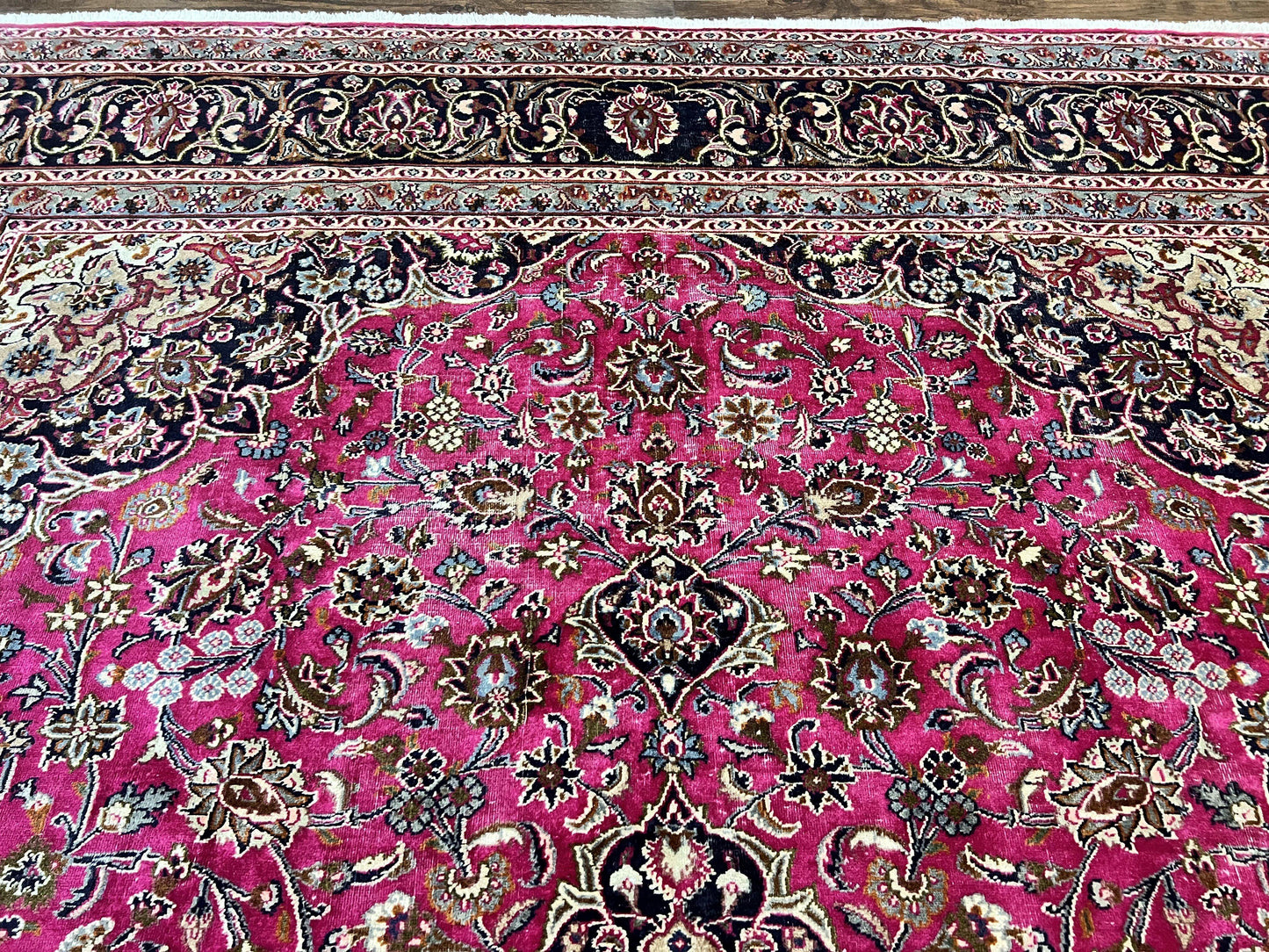 Persian Rug 10x13, Wool Hand Knotted Antique Kashmar Carpet, Raspberry Red & Navy Blue, Floral Medallion, Traditional Oriental Rug 10 x 13 - Nuvé