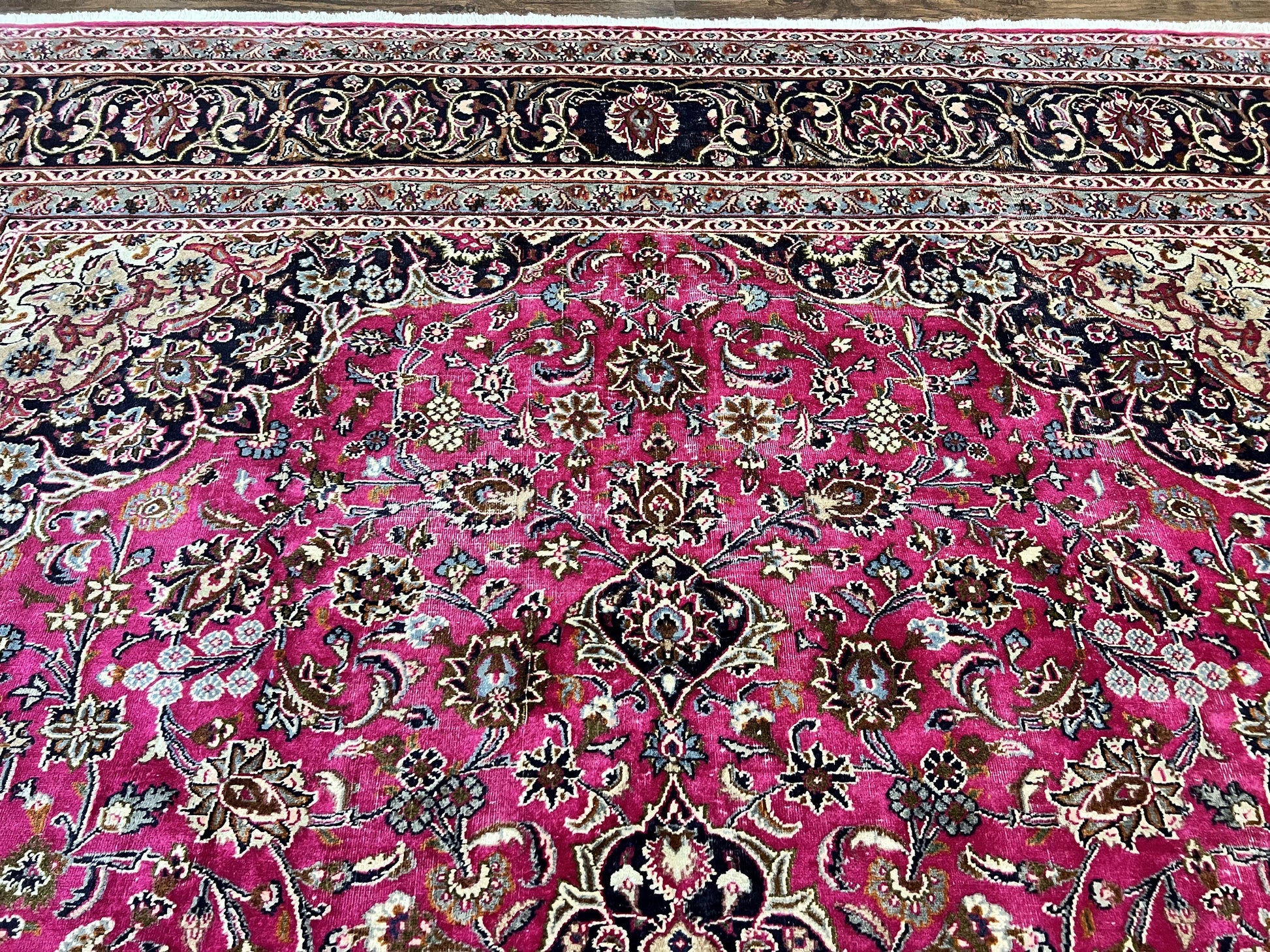 Persian Rug 10x13, Wool Hand Knotted Antique Kashmar Carpet, Raspberry Red & Navy Blue, Floral Medallion, Traditional Oriental Rug 10 x 13 - Nuvé