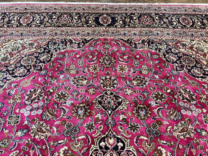 Persian Rug 10x13, Wool Hand Knotted Antique Kashmar Carpet, Raspberry Red & Navy Blue, Floral Medallion, Traditional Oriental Rug 10 x 13 - Nuvé