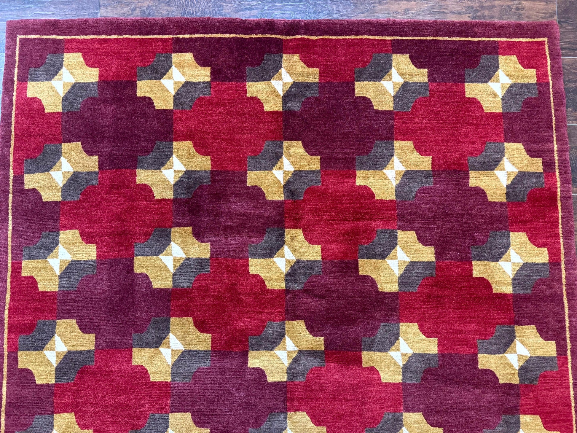 Modern Tibetan Rug 5 x 6.8, Wool, Red, Allover Pattern, Nepali Rug, Abstract Rug, Handmade Area Rug - Nuvé