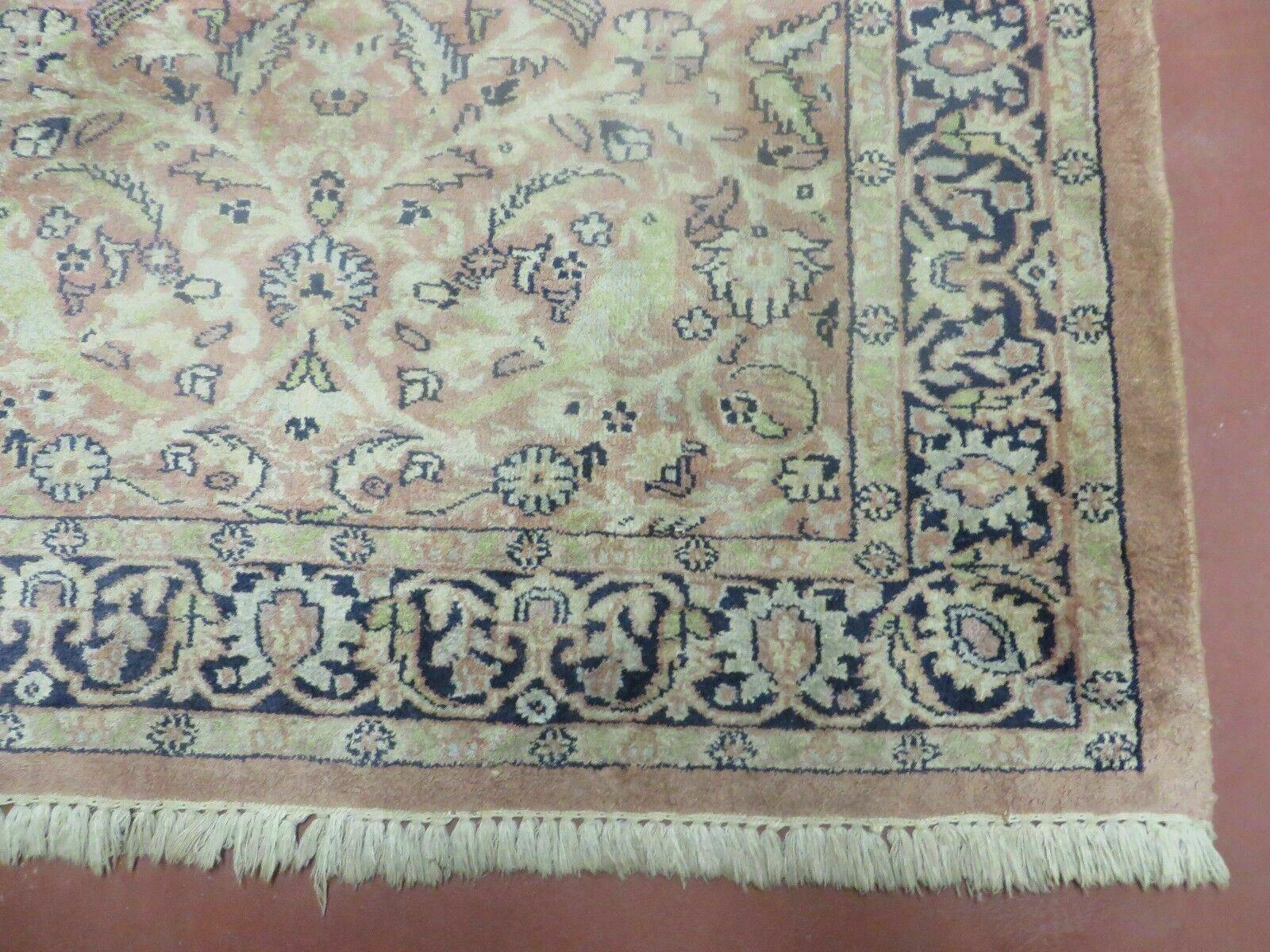 Indian Silk Rug 4x6, Indian Kashmiri Silk Carpet 4 x 6 ft, Vintage Hand Knotted Floral Bird Motifs, Light Pink and Navy Blue, Silk on Cotton - Nuvé