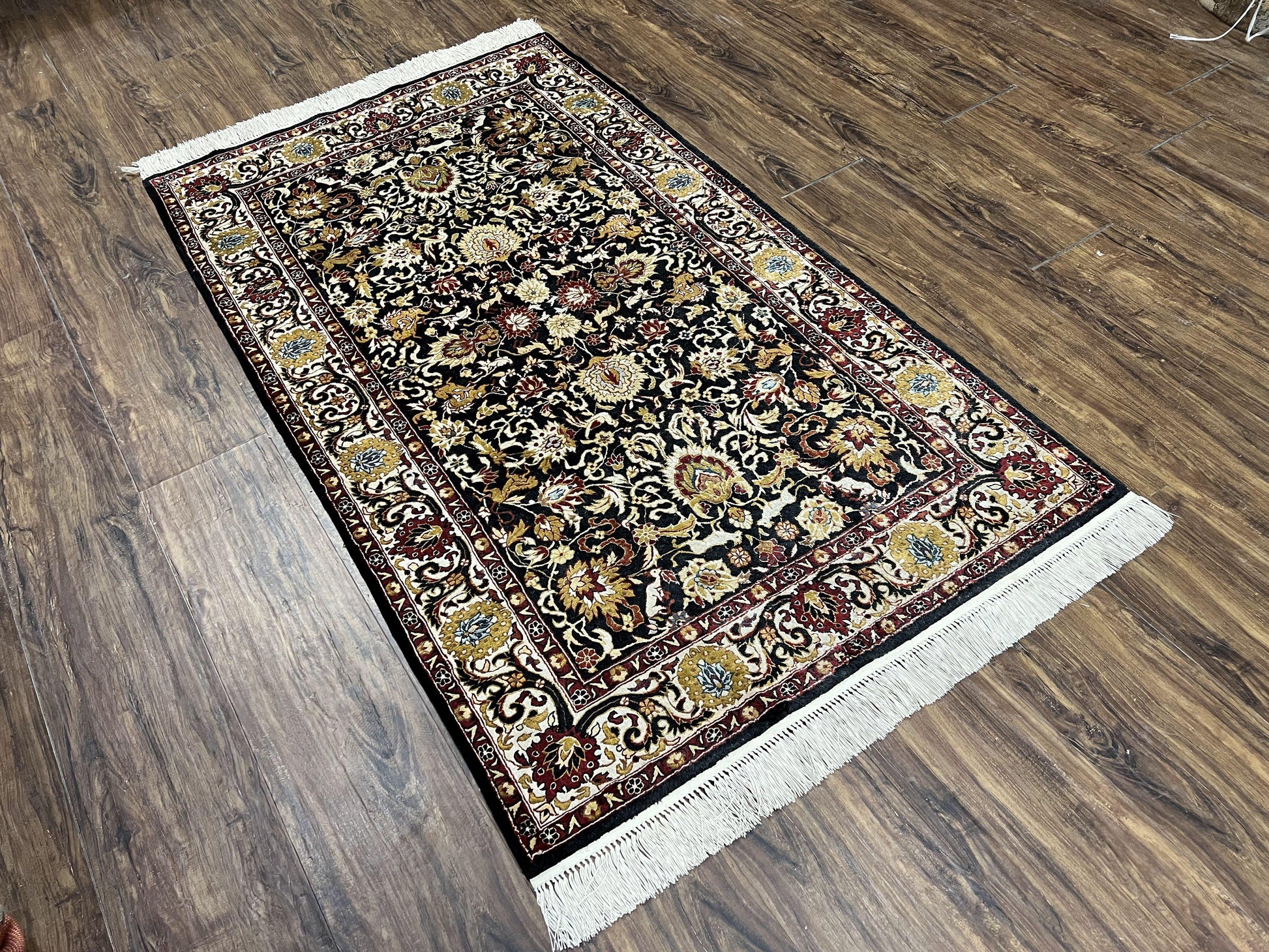 Sino Persian Silk Rug 3x5 Oriental Carpet 3 x 5 Fine Silk Rug, Black Ivory Gold, Animal Motifs, Flowers, High Quality, Vintage Silk Rug Wow - Nuvé
