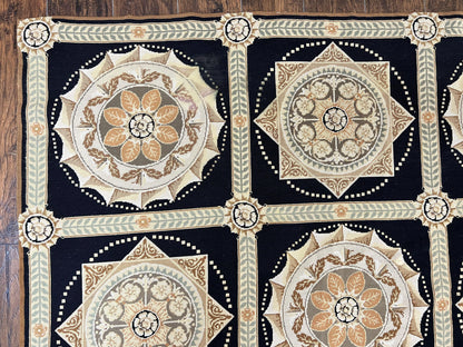 Needlepoint Rug 8x10, Black Tan Beige, Panel Design, Wool Handwoven Handmade Flatweave Needlepoint Carpet, Vintage French European Rug - Nuvé