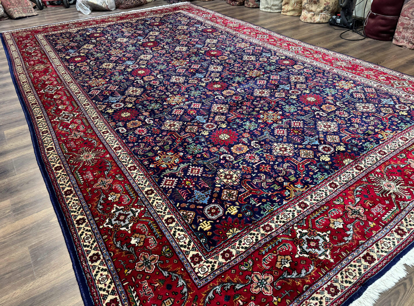 Large Persian Tabriz Rug 10x16, Navy Blue and Red, Allover Pattern, Vintage Hand Knotted Wool Carpet - Nuvé