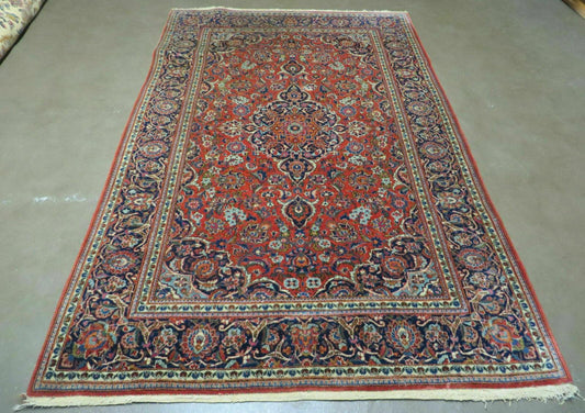 Persian Kashan Rug 4x7, Red and Navy Blue Semi Antique Vintage Wool Oriental Carpet, Hand Knotted Rug, Floral Medallion, High Quality Fine Carpet - Nuvé