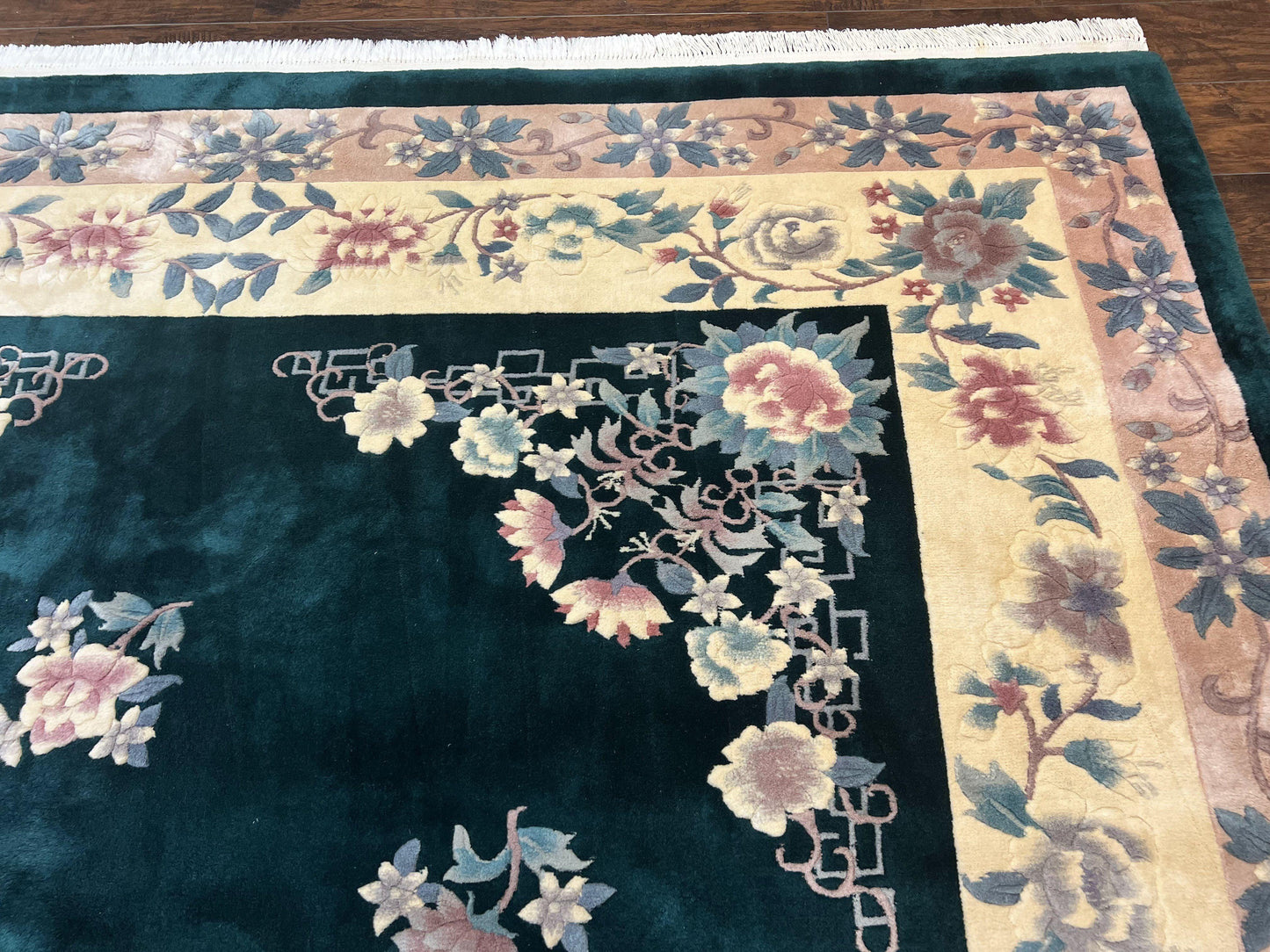 Chinese Art Deco Rug 9x12, Wool Hand Knotted Vintage Carpet, Dark Green & Cream, 90 Line Carving Rug - Nuvé