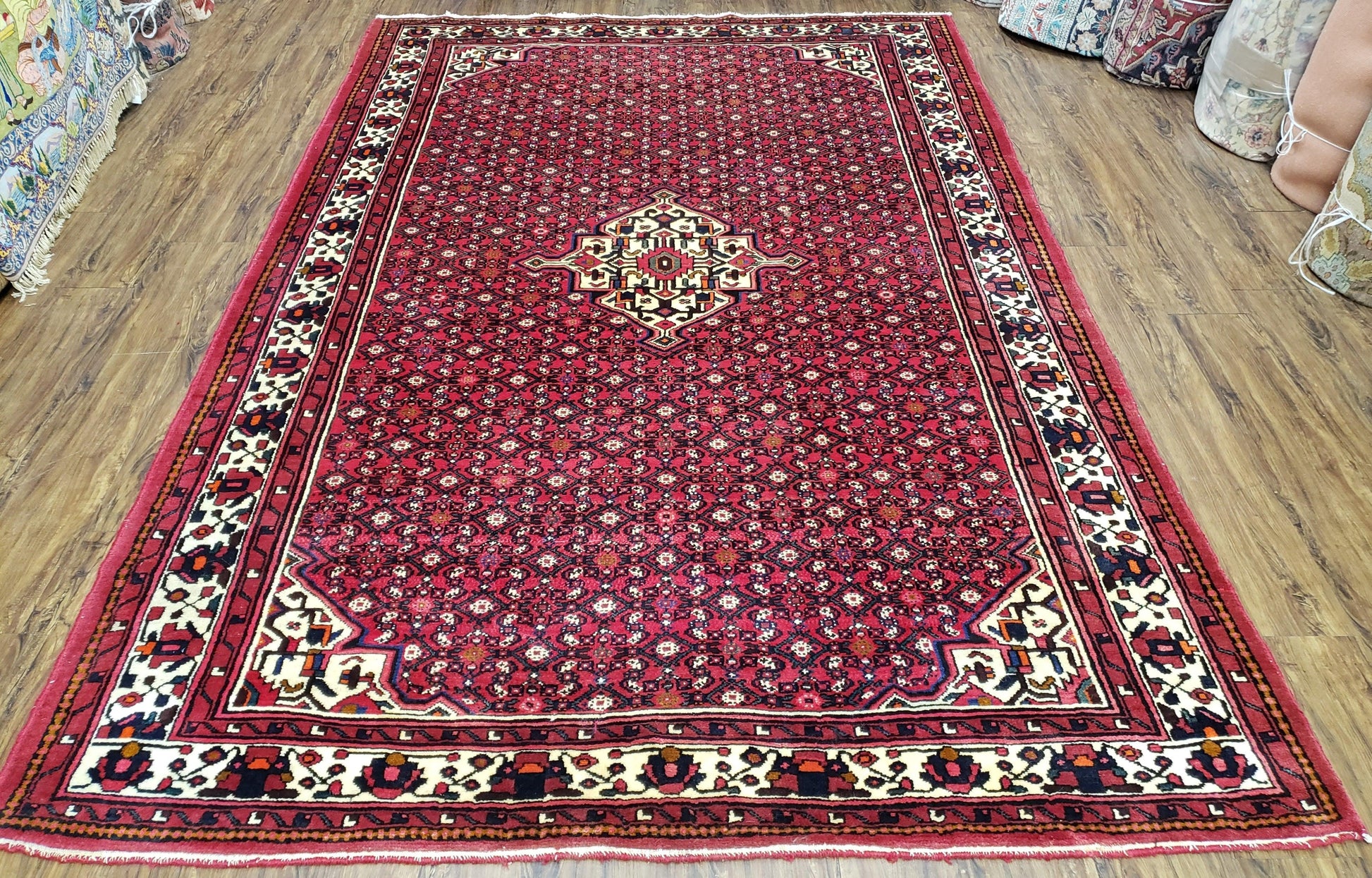 Vintage Persian Hamedan Rug 7x10, Angelas Mahi Pattern, Red, Wool, Hand-Knotted - Nuvé