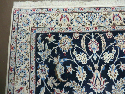 Persian Nain Rug 4x7, Navy Blue and Ivory, Handmade, Wool & Silk Highlights, Fine Oriental Rug, Vintage - Nuvé