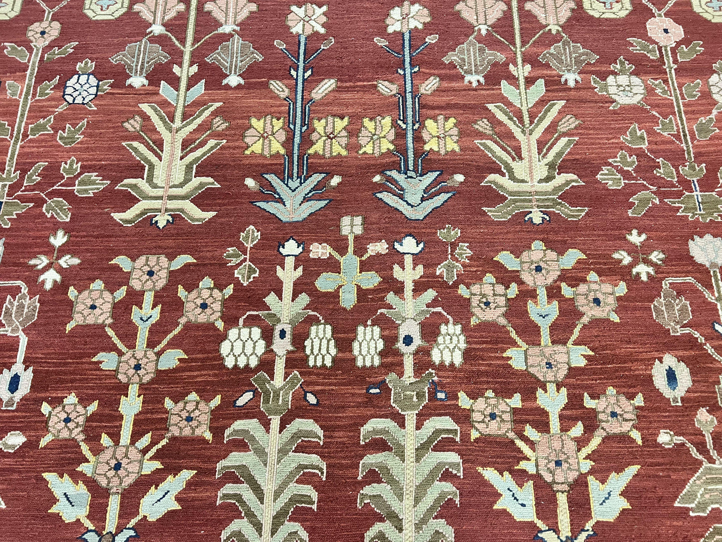 Indian Rug 10x14, Wool Hand Knotted Flatweave Carpet, Tree of Life, Red and Green - Nuvé