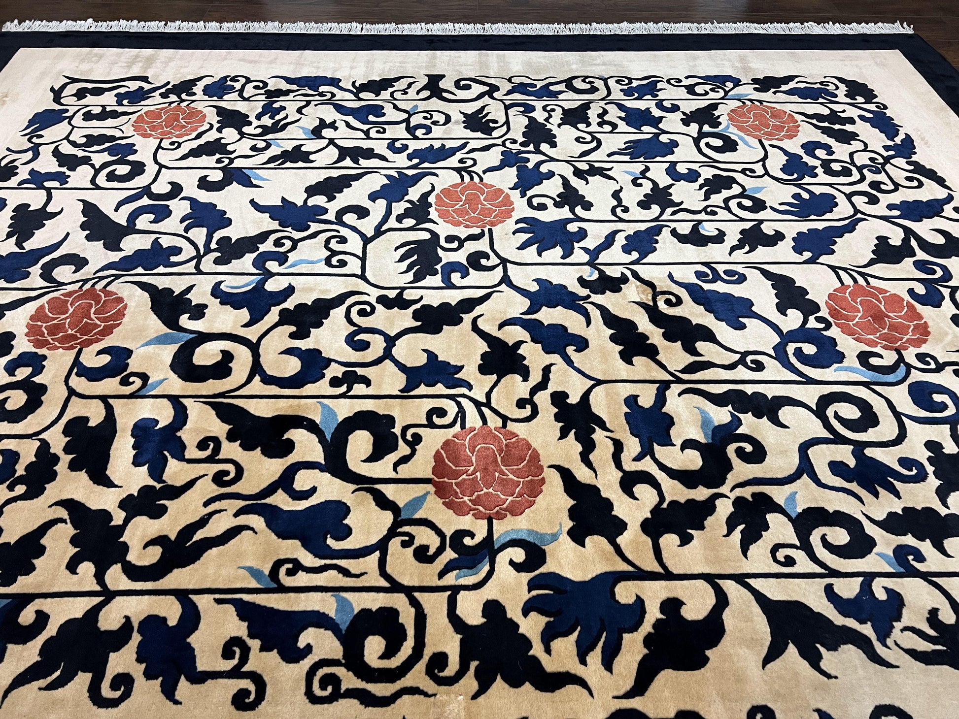 Antique Chinese Peking Rug 10x14, Beige Black, Handmade Wool Art Deco Carpet - Nuvé